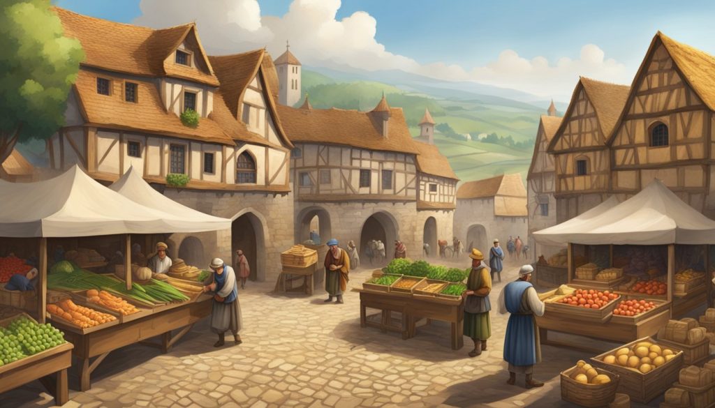 Középkori piactér, ahol a gazdák terményeket és árukat árulnak, körülötte mezők és állatállomány.