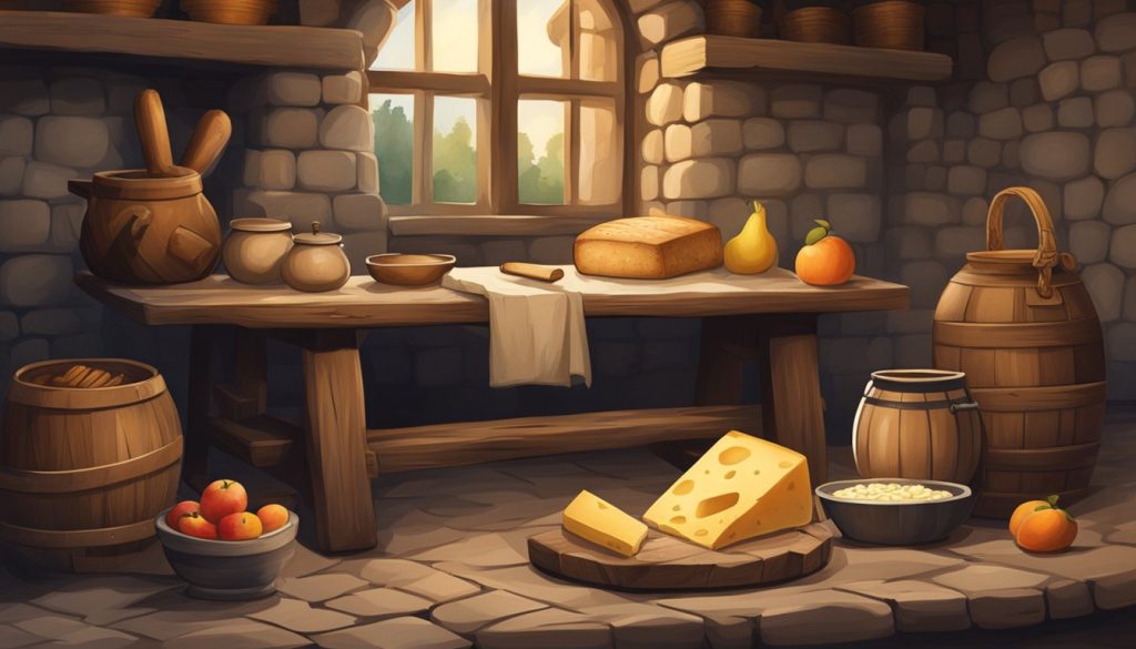 Középkori jelenet: Egy rusztikus asztal kenyérrel, sajttal és gyümölcsökkel. A tűz fölött egy fazék lóg, a közelben pedig egy fából készült korsó áll.