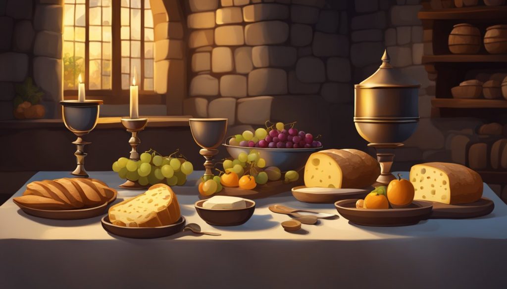 Középkori jelenet: Kenyérrel, sajttal és gyümölcsökkel megterített asztal. A közelben egy serleg bor áll. Fáklyafény pislákol a gyengén megvilágított szobában.
