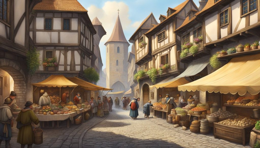 Nyüzsgő középkori város szűk macskaköves utcákkal, tornyosuló kőépületekkel és nyüzsgő piaci bódékkal.