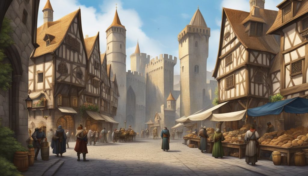 Középkori város utcáin kereskedők és kézművesek nyüzsögnek, magas kőfalakkal körülvéve és díszes gótikus építészettel díszítve.
