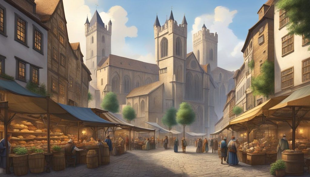 Nyüzsgő középkori város, tornyosuló kőfalakkal, szűk macskaköves utcákkal és nyüzsgő piacterekkel. Magas, díszes épületek sorakoznak az utcákon, és a központban egy nagy katedrális áll.